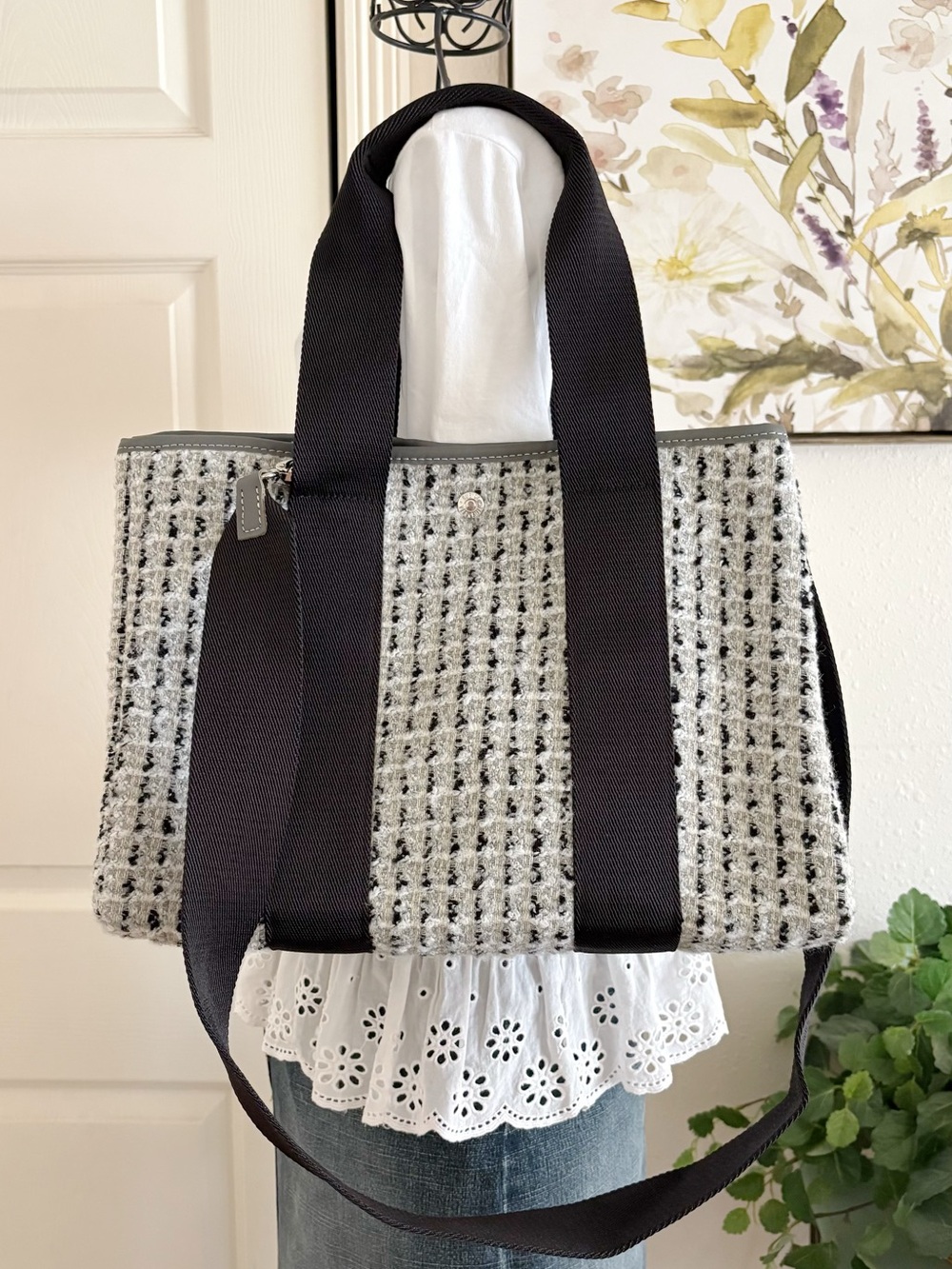 Rue de Verneuil Bouclé 2 Way Tweed Tote Crossbody Bag France Gray Black